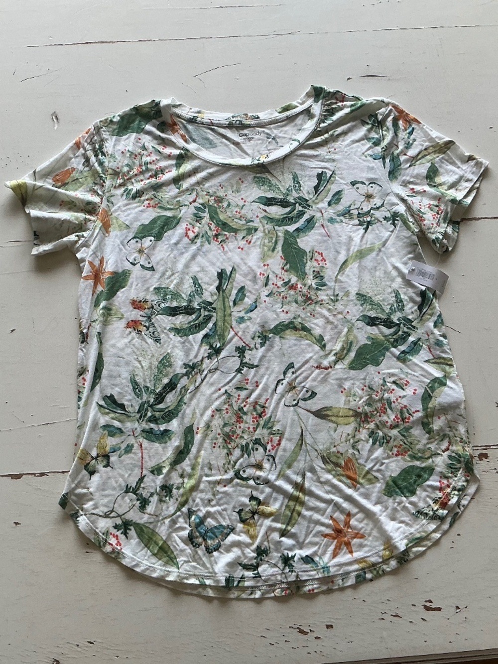 NWT GAP Body off White Green Botanical Butterfly print tee Small